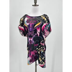 Custo Barcelona Floral Silk Lace Hems Cold Shoulder Peplum Tunic Top Sz S